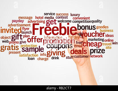 Freebie word cloud and hand with marker concept on white background. Stock Photo