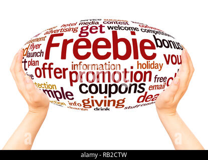 Freebie word cloud hand sphere concept on white background. Stock Photo