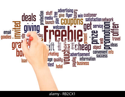 Freebie word cloud hand writing concept on white background. Stock Photo