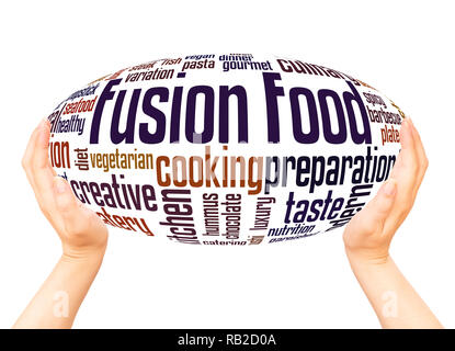 Fusion food word cloud hand sphere concept on white background. Stock Photo