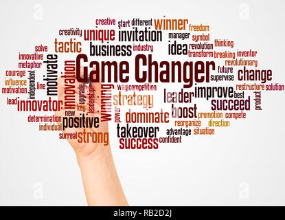 Game Changer word cloud and hand with marker concept on white background. Stock Photo