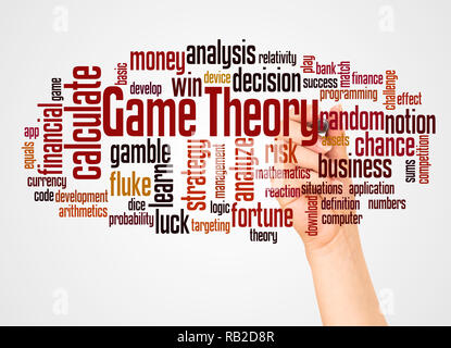 Game theory word cloud and hand with marker concept on white background. Stock Photo