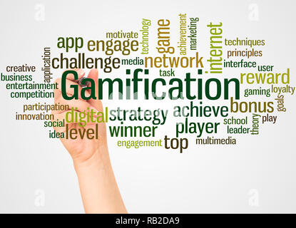 Gamification word cloud and hand with marker concept on white background. Stock Photo