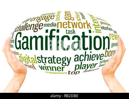 Gamification word cloud hand sphere concept on white background. Stock Photo