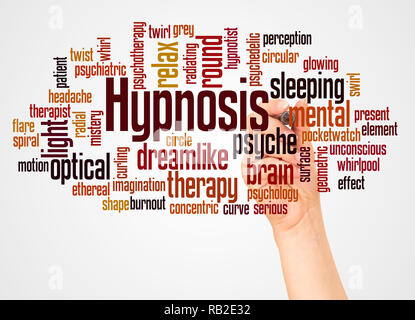 Hypnosis word cloud and hand with marker concept on white background. Stock Photo