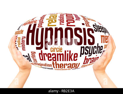 Hypnosis word cloud hand sphere concept on white background. Stock Photo