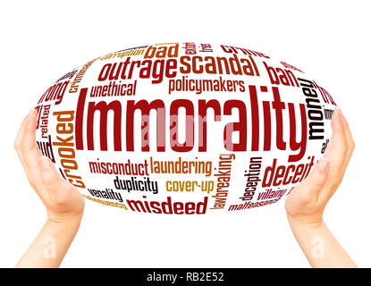 Immorality word cloud hand sphere concept on white background. Stock Photo