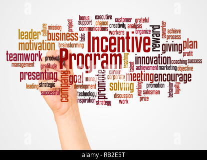 Incentive program word cloud and hand with marker concept on white background. Stock Photo