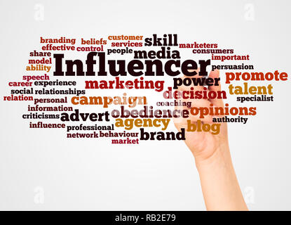 Influencer word cloud and hand with marker concept on white background. Stock Photo
