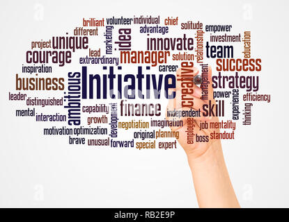 Initiative word cloud and hand with marker concept on white background. Stock Photo