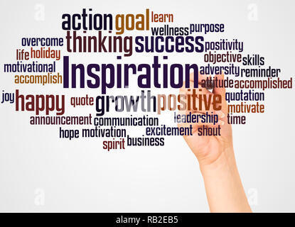 Inspiration word cloud and hand with marker concept on white background. Stock Photo