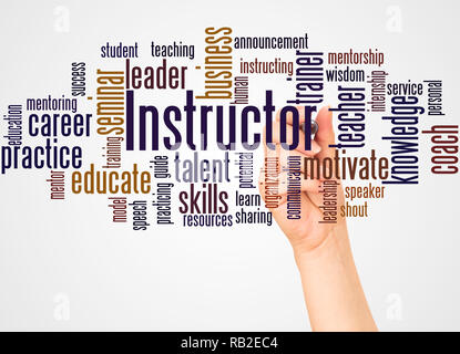 Instructor word cloud and hand with marker concept on white background. Stock Photo