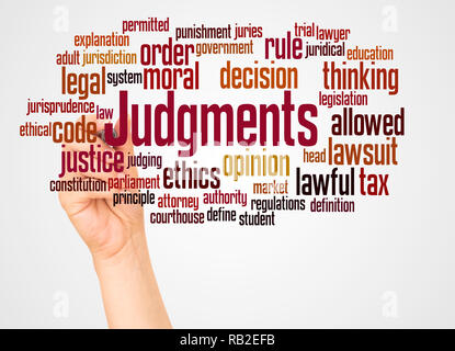 Judgments, word cloud and hand with marker concept on white background. Stock Photo