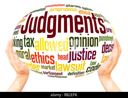 Judgments word cloud hand sphere concept on white background. Stock Photo
