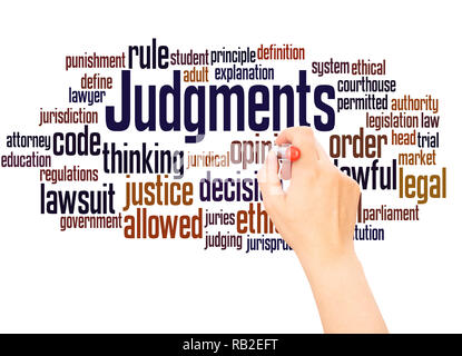 Judgments word cloud hand writing concept on white background. Stock Photo