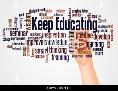 Keep educating word cloud and hand with marker concept on white background. Stock Photo
