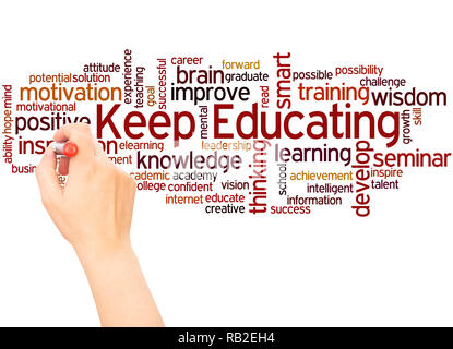 Keep educating word cloud hand writing concept on white background. Stock Photo