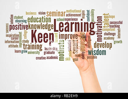Keep Learning word cloud and hand with marker concept on white background. Stock Photo