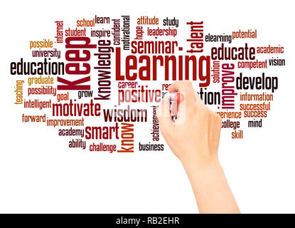 Keep Learning word cloud hand writing concept on white background. Stock Photo