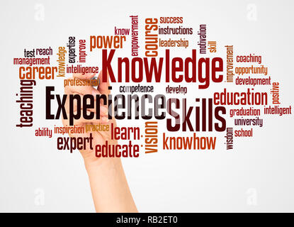 Knowledge Skills Experience word cloud and hand with marker concept on white background. Stock Photo