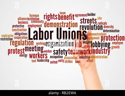 Labor unions word cloud and hand with marker concept on white background. Stock Photo