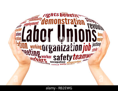 Labor unions word cloud hand sphere concept on white background. Stock Photo