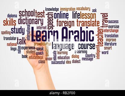 Learn Arabic word cloud and hand with marker concept on white background. Stock Photo