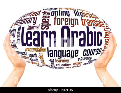 Learn Arabic word cloud hand sphere concept on white background. Stock Photo