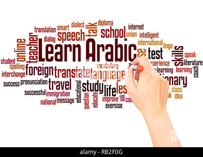 Learn Arabic word cloud hand writing  concept on white background. Stock Photo