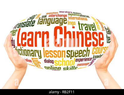 Learn Chinese word cloud hand sphere concept on white background. Stock Photo