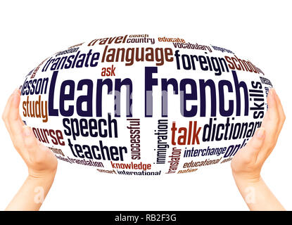 Learn French word cloud hand sphere concept on white background. Stock Photo
