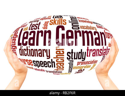 Learn German word cloud hand sphere concept on white background. Stock Photo