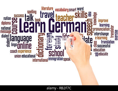 Learn German word cloud hand writing concept on white background. Stock Photo