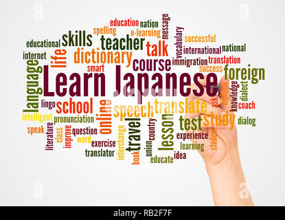 Learn Japanese word cloud and hand with marker concept on white background. Stock Photo