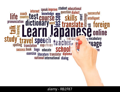 Learn Japanese word cloud hand writing concept on white background. Stock Photo