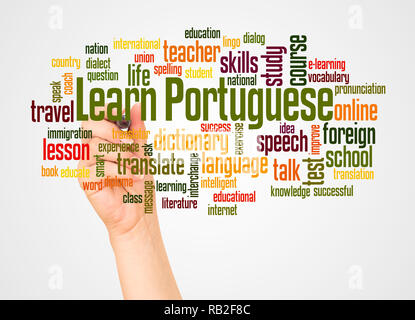 Learn Portuguese word cloud and hand with marker concept on white background. Stock Photo