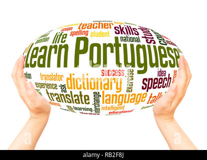 Learn Portuguese word cloud hand sphere concept on white background. Stock Photo