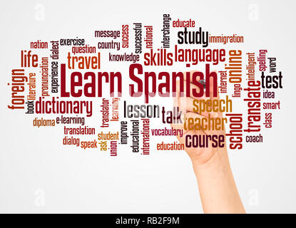 Learn Spanish word cloud and hand with marker concept on white background. Stock Photo