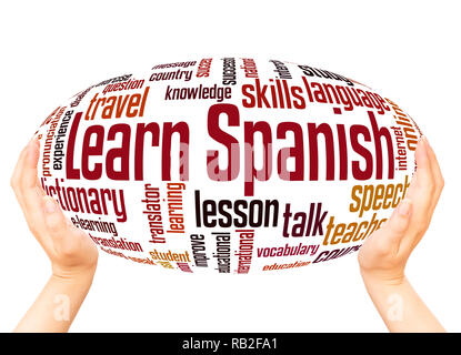 Learn Spanish word cloud hand sphere concept on white background. Stock Photo