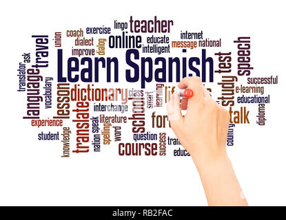 Learn Spanish word cloud hand writing concept on white background. Stock Photo