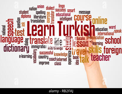 Learn Turkish word cloud and hand with marker concept on white background. Stock Photo