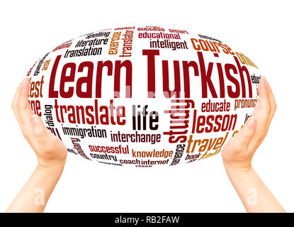 Learn Turkish word cloud hand sphere concept on white background. Stock Photo