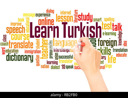 Learn Turkish word cloud hand writing concept on white background. Stock Photo