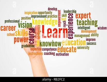 Learn word cloud and hand with marker concept on white background. Stock Photo