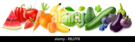 Isolated fruits in a line. Rainbow made of fresh fruits and vegetables isolated on white background with clipping path Stock Photo