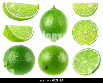 Isolated limes. Collection of whole and lime fruits isolated on white background with clipping path Stock Photo