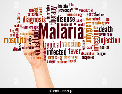Malaria word cloud and hand with marker concept on white background. Stock Photo