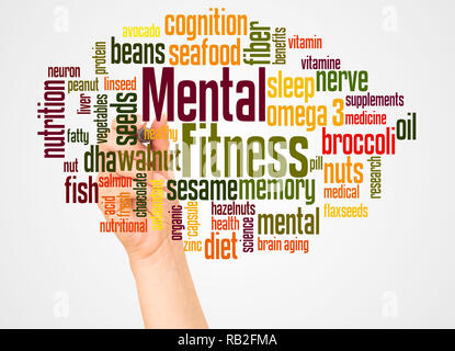 Mental Fitness word cloud and hand with marker concept on white background. Stock Photo