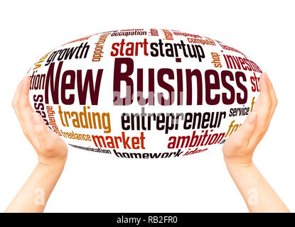 New Business word cloud hand sphere concept on white background. Stock Photo
