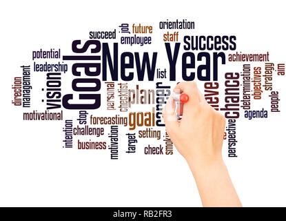 New Year Goals word cloud and hand with marker concept on white background. Stock Photo